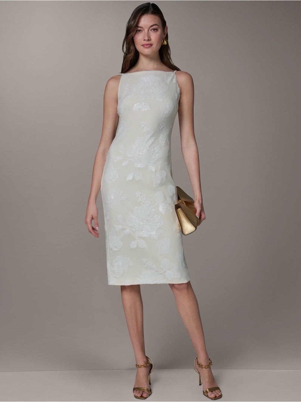NWT Donna Karan Women's Sleeveless Midi Dress with Lace Print. Size 10. Cream